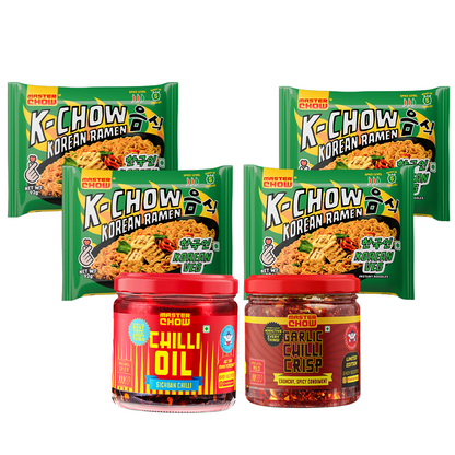 Veg Korean Ramen Combo Pack (4 Pack) + Chilli Oil & Chilli Garlic Crisp