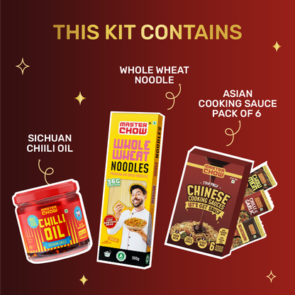 Fiery Whole Wheat Wok Kit(1 Chinese Box, 1 Whole Wheat Noodles, 1 Chilli Oil)